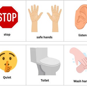 Peut inclure: Un ensemble de six cartes éducatives avec des illustrations et du texte. Les cartes présentent un panneau stop rouge, deux mains, une oreille, un emoji jaune avec un doigt sur les lèvres, des toilettes et des mains lavées. Le texte sur les cartes comprend les mots "stop", "mains sûres", "écouter", "silence", "toilettes" et "se laver les mains".