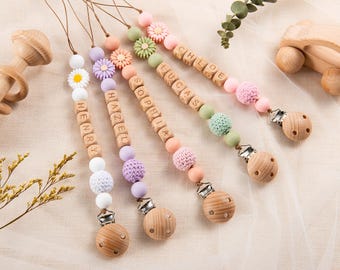 Attache-tétine personnalisée marguerite | Chaînette en bois personnalisée avec prénom, cadeau de naissance bohème