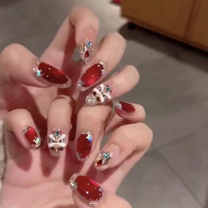 Ruby Red Cat Eye Almond Nails, 3D Jewel Press Ons, Glam Statement Manicure