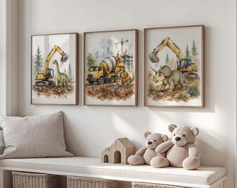 Bouw dinosaurus muur kunst set van 3, kinderkamer decor, graafmachine afdrukken, dinosaurus kinderkamer posters, jongenskamer muur decor