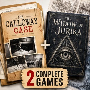 May include: Two mystery game sets featuring The Calloway Case, a tan folder with black and red text and crime scene photos, and The Widow of Jurika, a black book with a white eye-in-triangle graphic. A tan label at the bottom reads 2 Complete Games.