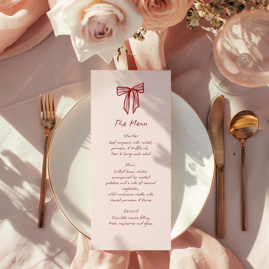 Elegant Bow Wedding Menu Template, Blush Pink Printable Reception Menu ...