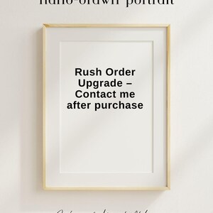 Peut inclure: Un cadre en bois clair contenant une impression blanche avec le texte noir : hand-drawn portrait, Rush Order Upgrade – Contact me after purchase, et Ink and Heart Atelier. Le cadre est rectangulaire et présente un design simple et épuré.