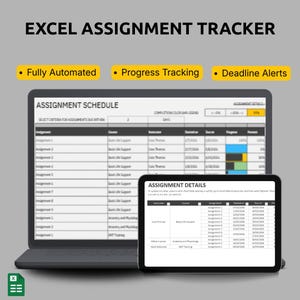 May include: A laptop and tablet displaying an Excel assignment tracker. The screen shows an assignment schedule and details, with features like automated tracking, progress monitoring, and deadline alerts. The Excel icon is in the bottom left.