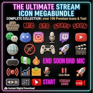 Paquete de iconos 3D para streamers / Gráficos neón para Twitch, YouTube y Discord / (Descarga digital)