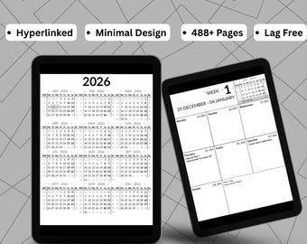 Planejador digital extraordinário: visualizações semanais, mensais e diárias com hiperlinks.