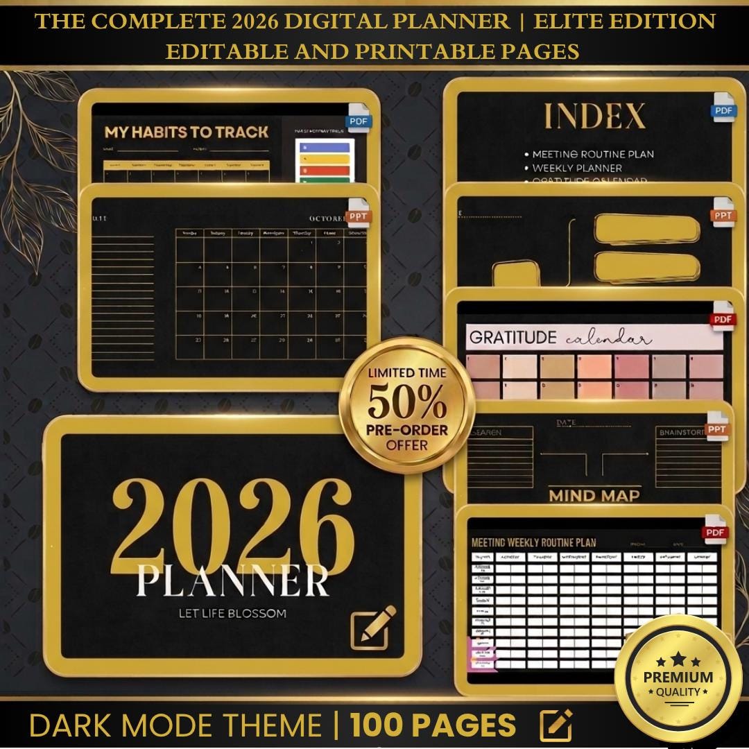 2026 Elite Digital Planner | Dark Mode, Gold Stickers | iPad Android ...