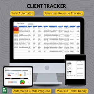 Peut inclure: Un &eacute;cran d'ordinateur, une tablette et un smartphone affichent une interface de suivi client. Le moniteur montre une feuille de calcul avec des donn&eacute;es client. La tablette affiche des graphiques et le t&eacute;l&eacute;phone affiche une feuille de calcul. Le texte comprend "Client Tracker".
