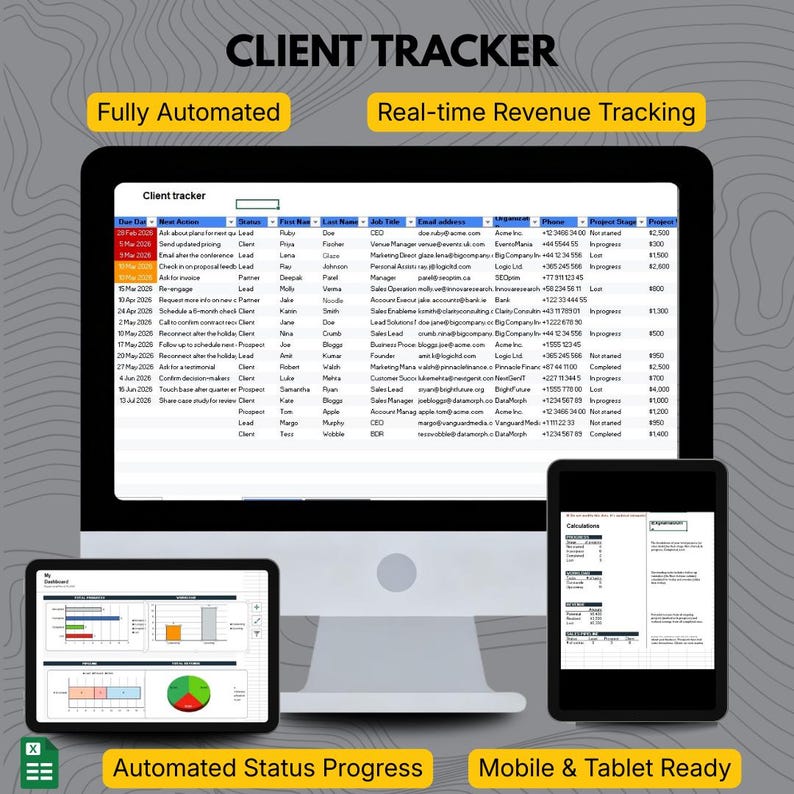 Peut inclure: Un &eacute;cran d'ordinateur, une tablette et un smartphone affichent une interface de suivi client. Le moniteur montre une feuille de calcul avec des donn&eacute;es client. La tablette affiche des graphiques et le t&eacute;l&eacute;phone affiche une feuille de calcul. Le texte comprend "Client Tracker".