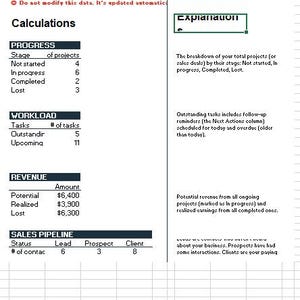 Peut inclure: Une feuille de calcul intitul&eacute;e "Calculs" pr&eacute;sentant des donn&eacute;es sur l'avancement des projets, la charge de travail, les revenus et le pipeline de vente. Les donn&eacute;es incluent des chiffres pour les projets non d&eacute;marr&eacute;s, en cours, termin&eacute;s et perdus.