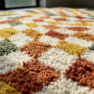 May include: Close-up of a textured rug with a repeating diamond pattern. The rug features a combination of colors, including white, orange, yellow, and green. The rug is made of a soft, plush material.