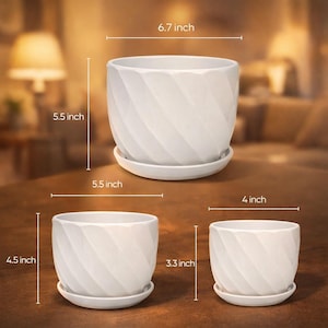 Set of 3 White Ceramic Planters with Drainage, Modern Textured Succulent Pots