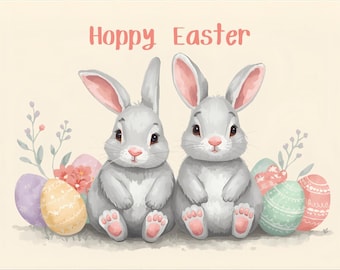 Hopping Easter Card, Two Bunnies, Easter Eggs, Personalised Greeting