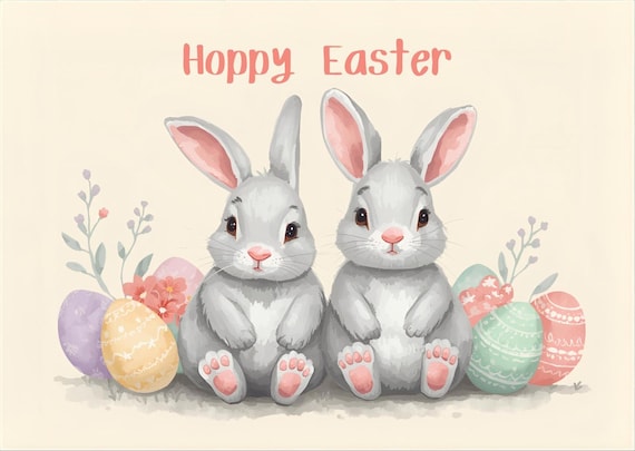 Hopping Easter Card, Two Bunnies, Easter Eggs, Personalised Greeting