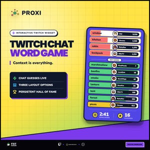 May include: A digital graphic for a Twitch chat word game widget titled PROXI. The layout features a yellow grid background, a purple game interface with a list of words, user avatars, scores, and a timer. Text includes Twitch Chat Word Game, Context is everything, Chat Guesses Live, Three Layout Options, and Persistent Hall of Fame.