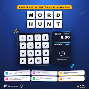May include: A digital game interface with the text "WORD HUNT" and a grid of letters. The interface includes a timer, word count, and options for chat integration, saved stats, and customization. The background is a gradient of blue.
