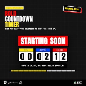 Op de afbeelding: Een digitale countdown timer overlay met de tekst "BOLD COUNTDOWN TIMER" en "STARTING SOON." De timer toont 00 uur, 02 minuten en 12 seconden. De achtergrond is zwart met een rasterpatroon, en het ontwerp bevat gele, blauwe en rode accenten.
