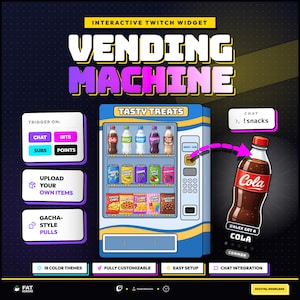 Może przedstawiać: Interaktywny widżet Twitch zatytułowany Vending Machine, przedstawiający grafikę niebieskiego automatu z przekąskami i napojami, przyciski wyzwalające dla czatu, bitów, subskrypcji i punktów oraz animację butelki coli z napisem Alex got a cola.