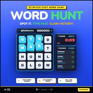 Pode incluir: Um gráfico digital para um jogo de palavras no chat da Twitch intitulado Word Hunt. A interface apresenta uma grade 4x4 de peças com letras, um temporizador em 0:09 e uma lista de palavras encontradas, incluindo Stream, Glow, Hunt e Team.