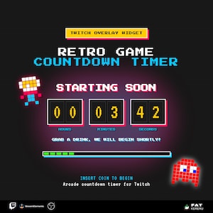 Peut inclure: Un widget de superposition Twitch de style rétro avec un compte à rebours. La minuterie affiche 0 heure, 3 minutes et 42 secondes. Le texte indique « Starting Soon » et « Grab a drink, we will begin shortly! »