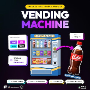 May include: A graphic for an interactive Twitch widget, showcasing a vending machine with the words "VENDING MACHINE." The image includes a cola bottle, a "Tasty Treats" vending machine, and options for customization, colour themes, and sound.