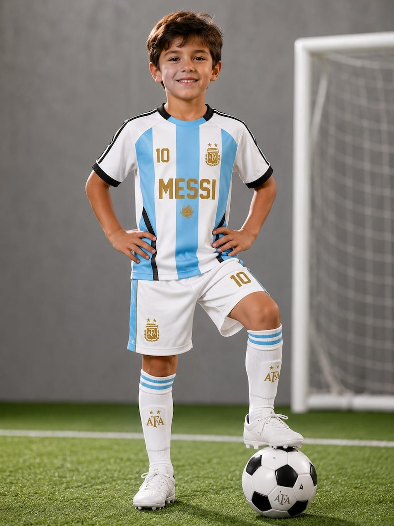 May include: A white and light blue striped soccer jersey with the name MESSI and the number 10 in gold, paired with white shorts featuring the number 10 and the AFA logo, and white soccer socks with blue stripes and the AFA logo, worn with white cleats.