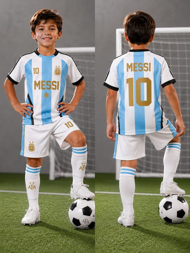 May include: A soccer uniform featuring a white and light blue striped jersey with the name MESSI and number 10 in gold, matching white shorts with the number 10, and white knee-high socks with blue stripes and the AFA logo, paired with white cleats.