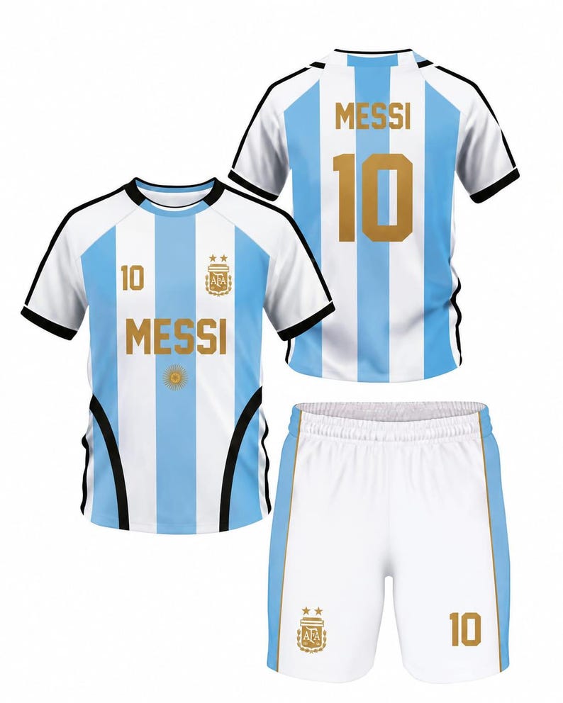 Messi 10 kids Soccer Set, Football Jersey and Shorts, Customized Youth Shirt, Gift for Argentina Fans, Christmas, Back to school Present image 2