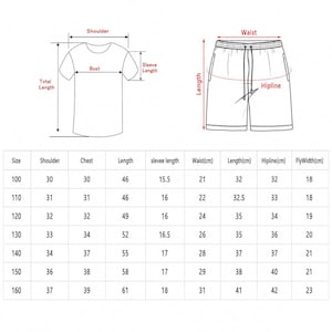 May include: A black and white line drawing of a t-shirt and shorts with red arrows indicating measurement points for shoulder, bust, sleeve length, total length, waist, length, and hipline, accompanied by a size chart in centimeters.