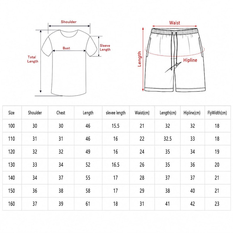 May include: A black and white line drawing of a t-shirt and shorts with red arrows indicating measurement points for shoulder, bust, sleeve length, total length, waist, length, and hipline, accompanied by a size chart in centimeters.