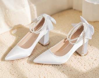 Pump Heels for Women, Bridal Heels, Wedding Heels, White Heels for Women, Pearl Strap Heels, Fashion Sandals for Women, Sandals Gift for Her