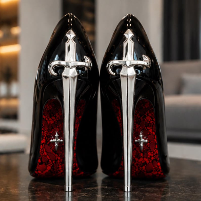 May include: A pair of black patent leather high-heeled pumps featuring a metallic silver sword-shaped stiletto heel. The interior sole displays a vibrant red and black lace-like pattern with a small silver cross emblem positioned near the heel.
