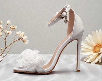 White Satin Stiletto Heel Sandals, Floral High Heel Sandals for Women, White Party Heels with Ankle Strap, Bridal Evening Shoes for Her