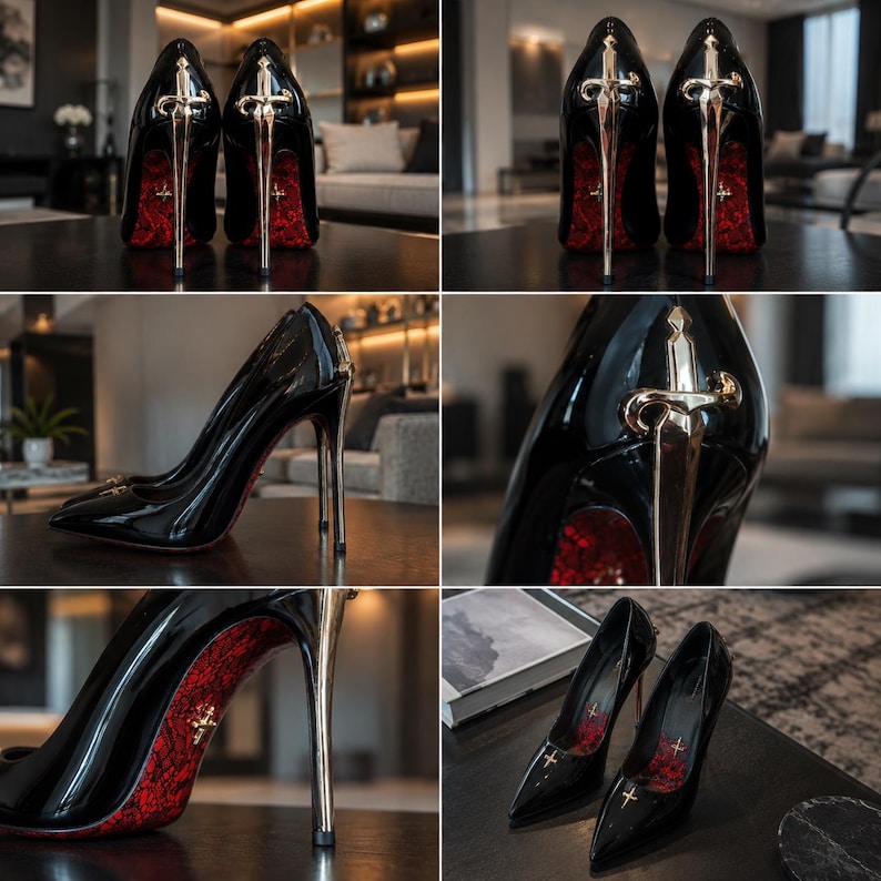 May include: A pair of black patent leather high-heeled pumps featuring a metallic gold stiletto heel shaped like a sword. The interior sole is lined with a red lace pattern, and a small gold cross emblem is visible on the pointed toe of each shoe.