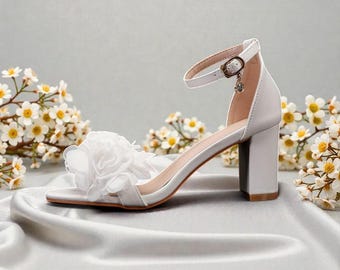 White Satin Stiletto Heel Sandals, Floral Heeled Sandals for Women, Block Heel Party Shoes for Her, Bridal Sandals Heels with Ankle Strap