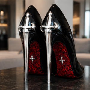 May include: A pair of black patent leather high-heeled pumps featuring a metallic silver sword-shaped heel. The sole of each shoe is finished in a vibrant red lace pattern with a small silver cross emblem embedded in the center of the arch area.