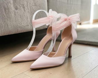Pink Satin Pump Heels, Wedding Heels for Women, Party Sandals with Bow Strap, Pointed Toe Heels, High Heel Shoes for Women, Heels for Her