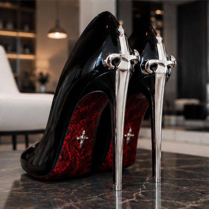 May include: A pair of black patent leather high-heeled shoes featuring silver-toned sword-shaped heels. The soles are detailed with a red lace pattern and a small silver cross emblem positioned on the arch of each shoe.