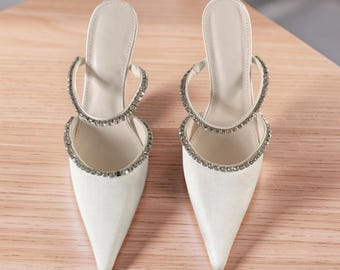 White Pointed Heel Pumps for Her, Party Pumps for Women, Fashion Slippers Heels for Her, Slingback Heels for Women, Crystal Strap Heels