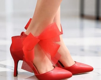 Rode puntige pumps, feestpompen voor vrouwen, strikhakken voor bruiloft, modehakken voor haar, rode strik hoge hakken schoenen, cadeau voor haar, bruidspompen