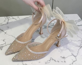 Apricot Rhinestone Heels for Women, Bow Ankle Strap High Heels, Pointed Toe Party Shoes for Her, Wedding Heels, Fashion Heels Gift for Her