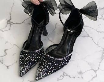 Black Rhinestone Heels for Women, Bow Ankle Strap High Heels, Pointed Toe Party Shoes, Wedding Heels, Fashion Pump Heels for Women
