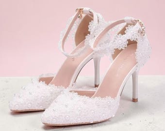 White Pointed Toe Heels with Thin Heel, Womens Pump with Buckle Strap, Wedding Heels, Fashion Heels for Women, White Footwear Gift for Her