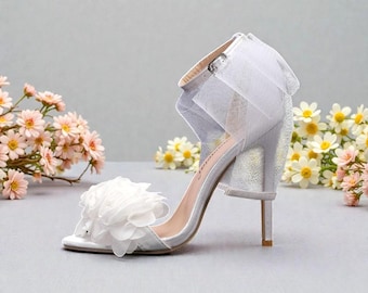 White Satin Stiletto Heel Sandals with Bow, Bridal Heels for Women, Mesh Ankle Strap Heels, Wedding Party Shoes, Open Toe Evening Footwear
