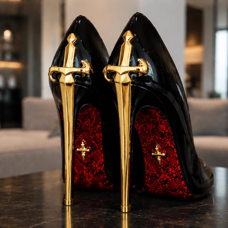 May include: A pair of black high-heeled pumps featuring a glossy finish and a metallic gold sword-shaped heel. The soles are textured with a vibrant red pattern and feature a small gold cross emblem centered on the arch of each shoe.