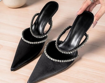 Black Pointed Heel Pumps, Party Pumps for Women, Fashion Heels for Her, Pointed Toe Slingback Heels, Rhinestone Strap Heels for Women