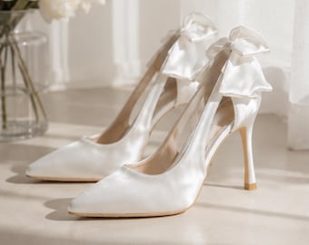 Bow Slingback Heels for Women, Pointed Toe Stiletto Pump Shoes, Elegant Bridal Party Heels, White Wedding Heels, Butterfly Pointed Toe Heels