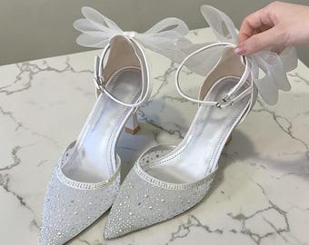 Rhinestone Bridal Heels for Women, Pointed Toe Wedding Shoes for Women, Ankle Tie Crystal Heels, Bridal Party Shoes for Her, Gift for Her