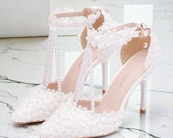 Wedding Heels for Women, High Heels Pumps with Buckle Strap, Lace Heels for Bridals, Pearl Strap Heels, White Stiletto Pumps, Bridal Pumps