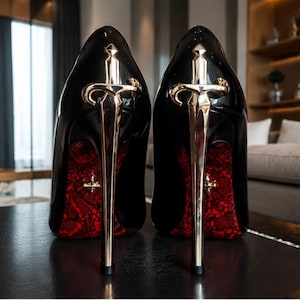 May include: A pair of black patent leather high-heeled pumps featuring a metallic gold sword-shaped stiletto heel. The interior lining of the shoes displays a vibrant red lace pattern, and a small gold cross emblem is visible on the inner heel.
